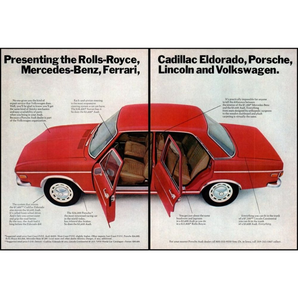 1971 Audi 100 GL Sedan Vintage Print Ad Red Classic German Car Man Cave Wall Art
